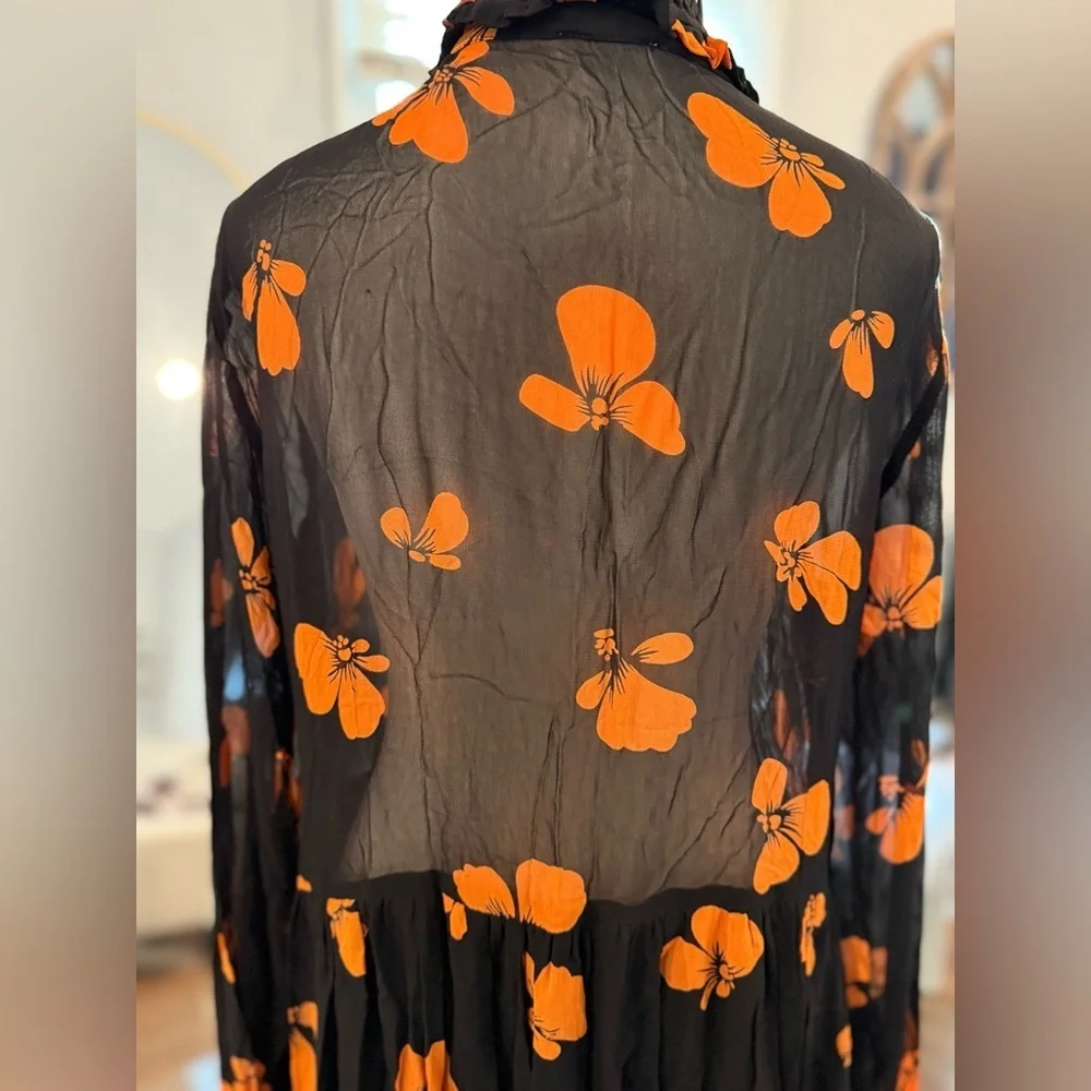 Ganni Black Sheer Dress with Orange Floral Design Lined on Bottom - Picture 14 of 15
